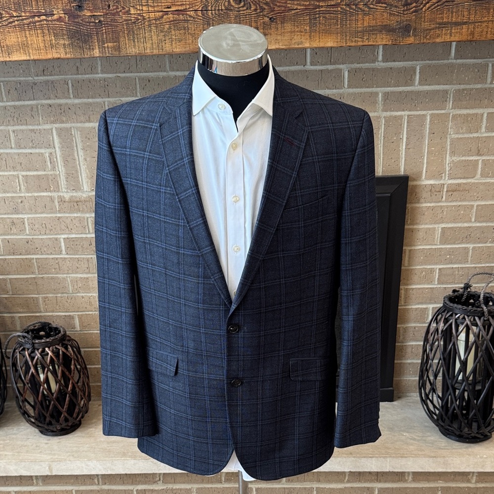 Ted Baker mens 44L blue plaid silk wool blend 2-button modern sport coat EUC